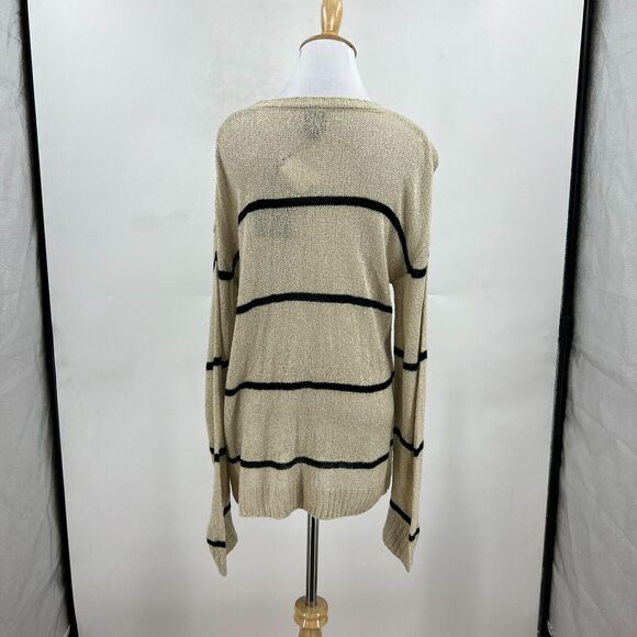 Bobeau Sweater Womens M Medium Oatmeal Black Striped Open Weave Long Sleeve Crew - Picture 7 of 13